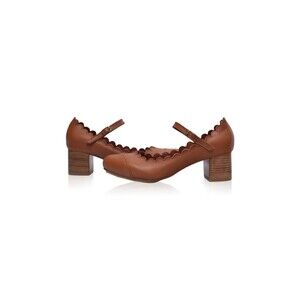Bali Elf Bonita Mary Jane Shoe Women Sz8 Brown Leather Pump Heel Scalloped Retro